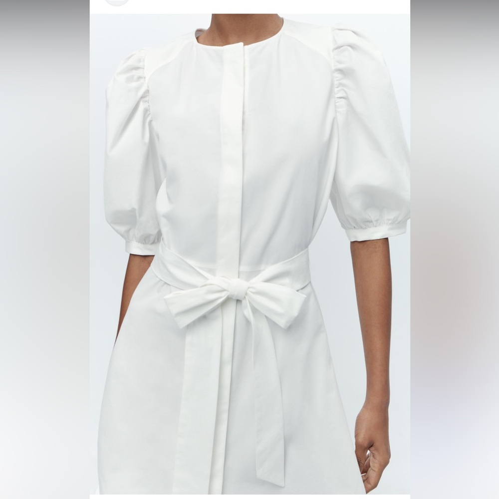 Zara White Puff-Sleeve Mini Dress with Waist Tie